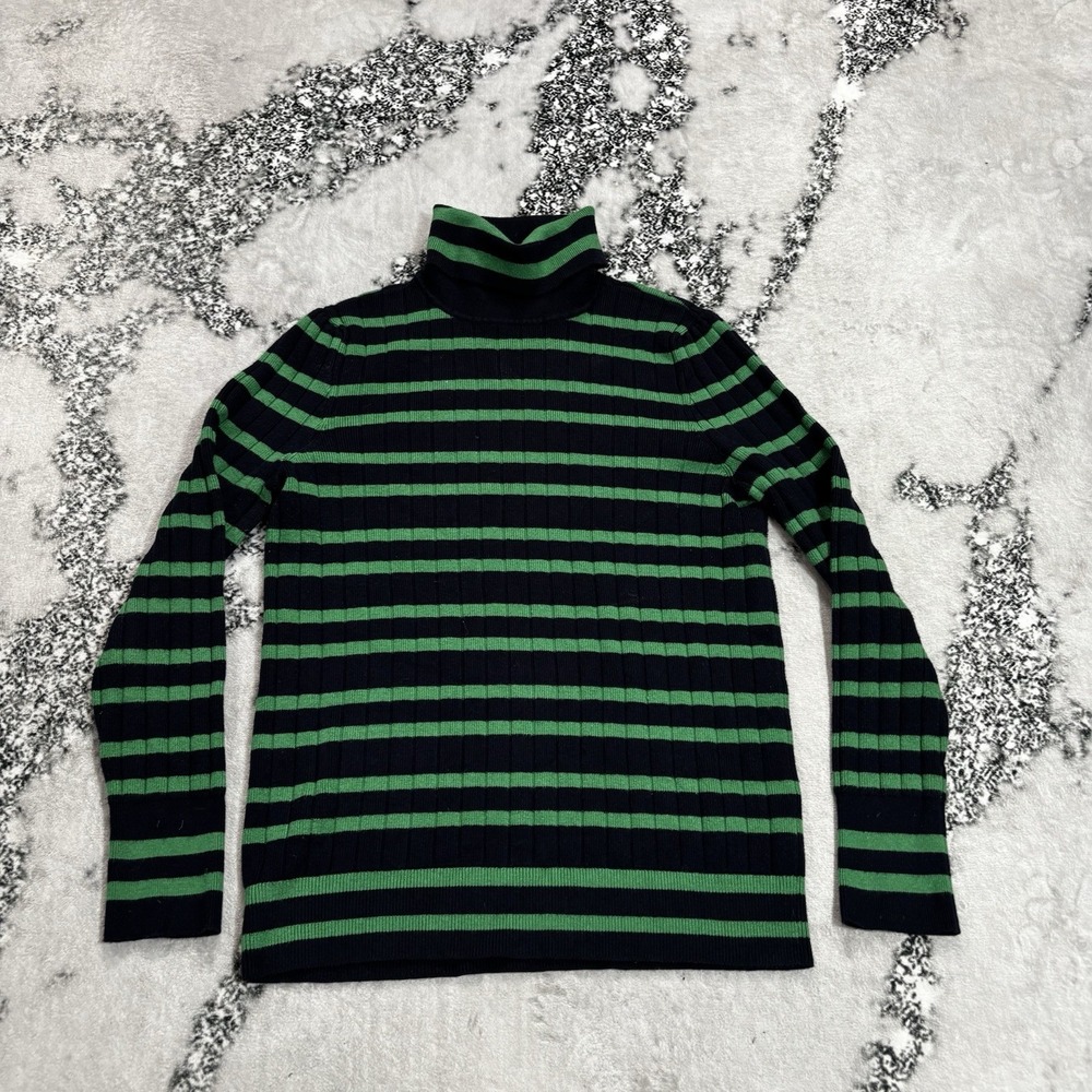 Talbots Women's Size L Turtleneck Sweater Navy Green Striped Ribbed Knit